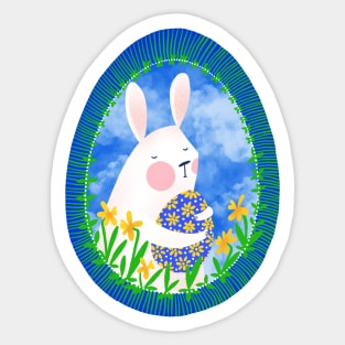 Cute white bunny with floral easter egg decoration on blue sky, version 1 Sticker